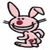Pixelated pink bunny with black outlines, large ears, red circular eyes, and a wide smile on white background.