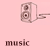Pink background with five brown speaker icons, two heart symbols, and text reading 'music is life.'