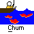 Pixelated animation of a character fishing from a brown boat on blue water, with red fish and white text 'Chum' below each frame.
