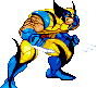 A yellow and blue costumed character with brown hair, black gloves, and white claws in a crouched pose against gray background.