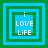 Four variations of a pixelated icon with layered green and blue squares containing text 'i LOVE LiFE' in white, each showing different square layering arrangements.