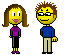 Pixel art animation of two characters: a woman with long brown hair in purple top and black pants, and a man with brown hair in blue top and beige pants, interacting with diamond and heart props.