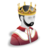 Pixelated icon of a figure wearing a golden crown with black accents, red and white clothing, and a black beard against a gray background.