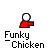 Pixelated red chicken avatar with white head, performing sequential arm movements across on gray background
