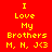 Red background with yellow text reading "I Love My Brothers M, H, J<3" and blue rectangular highlights shifting across different lines of text.