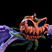 Animated pumpkin faces with carved eyes and mouths on purple stems against black background, showing subtle expression changes.