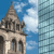 Pixelated image of a stone building with arched windows and a spire against a blue sky with clouds, next to a modern glass building.