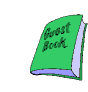 Green and light blue book icon with 'Guest Book' text on cover, transitioning through open pages and pen placements in a