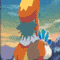 Pixelated character with orange hair and blue-green hair tips wears brown and white clothing, holding a blue object, transitioning from back view to front view with hand gestures.