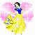 Pixelated character in blue top and yellow skirt with pink radial background, shown in three sequential poses with slight variations in posture and background brightness.