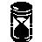 Black-and-white pixelated hourglass icons in various orientations and states of sand flow on a gray background.