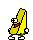 Yellow cartoon character with red mouth and white eyes in multiple poses including standing, walking, and arms raised against gray background.
