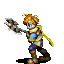 Pixelated character with orange hair and blue eyes holds a large silver weapon, wearing blue and yellow armor with brown boots and a yellow sash.