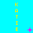 Vertical yellow text 'KATIE' repeats down three on a bright cyan background, with pink plus signs and star-like shapes animating in the spaces between