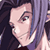 Pixelated static image of a character with light skin, dark eyebrows, and purple hair in profile view against a dark background.