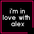 Four black square with pink borders display 'i'm in love with alex' text; top-right has a pink heart, bottom-right has a pink starburst