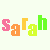 Pixelated text spelling 'Sarah' in two with alternating colors on a light background