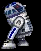 Pixelated robot with blue and white color scheme, bent posture, visible mechanical joints on limbs.