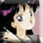 Pixelated anime-style character with light skin, large purple eyes, and dark hair holding a white object against black and pink background.
