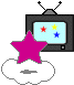Two pixelated TV sets with antennae display different colored stars, each set topped by a large pink star on a cloud.
