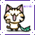 Pixelated cat with brown and black fur, pink inner ears, green tail tip, white face, and open mouth showing tongue.