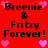 Red background with repeated black text 'Breenie & Fritzy Forever!' and pink heart symbols in pixelated style.