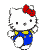 A 4x4 contact sheet of Hello Kitty animated frames showing sequential dance poses with blue overalls and red bow, displayed on a gray background.