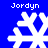 Four white snowflake icons on a solid blue background, each with the text "Jordyn" in pixelated white font above or below.