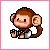 Pixel art monkey icon with four animation frames showing eye and mouth changes, brown fur, pink cheeks, white belly patch, gray shorts, and a raised hand gesture on a white background.