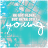 Animated contact sheet of 17 frames showing a turquoise grid background with text "HE GOT OLDER BUT HE'S STILL YOUNG" in white and light blue, where the word "YOUNG" is stylized as a single flowing script line.