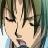 Pixelated close-up of a character's face with closed eyes, dark hair, and light skin, set against a blurred background with green and blue tones.