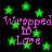Green stars and pink text reading "Wrapped In Love" on a black background, with repeated text and star patterns.