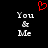 Red pixelated heart above two identical white text blocks reading 'You & Me' on black background.