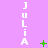 Vertical white text 'JULIA' on purple background with green pixel animations changing from plus to star to X to dots.
