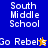 A split-screen animation shows four with 'South Middle School' text and 'Go Rebel's' text, featuring a yellow star and blue star animation