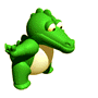 Green cartoon crocodile with beige underbelly in multiple poses showing arm and head movements.