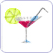 Pixelated image of a martini glass with red liquid, a lemon slice garnish, and a curved straw against white background.