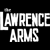 Static pixelated black-and-white icon displaying the text "LAWRENCE ARMS" in bold blocky letters with a small crown-like detail on top of the first letter, set against a solid black background.