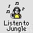 Pixel art icon of a character with headphones holding a device, surrounded by musical notes and text reading 'Listen to Jungle' on light gray background.