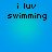 Blue gradient background with pixelated text reading 'i luv swimming' in four identical quadrants.