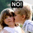 A pixelated image of two people kissing with text overlays changing across frames.