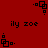 Red background with repeating black pixelated text 'ily zoe' and four distinct animated square patterns in corners.
