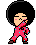 Pixel art contact sheet of a cartoon character in pink pajamas with blue dots, black afro hair, and brown shoes across two frames showing different poses against gray background.