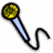 Pixelated microphone icon with yellow-green circular head, blue-purple gradient handle, and black curved cord on white background.