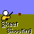 Pixelated character in yellow shirt shoots orange projectile from black stick, with 'Skeet Shooting' text below on green and blue background.