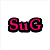 Pixelated image with pink text 'SuG' on left and a person's face on right, featuring brown hair and colorful background elements.