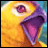 Animated yellow bird with purple beak and pink tongue, mouth open in a shout, red eye, pixelated style, text overlays changing across frames.
