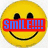 Yellow smiley face with black eyes and mouth, overlaid with colored text banners showing 'Smile!!!!' in different styles.