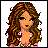 Pixelated image of a woman with long brown hair and black eyeliner, wearing a pink top, next to text reading 'BROWN EYED BOMB-SHELL!'