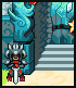 Pixel art of a knight in silver armor holding a sword, standing before a blue gate with flames and stone stairs.